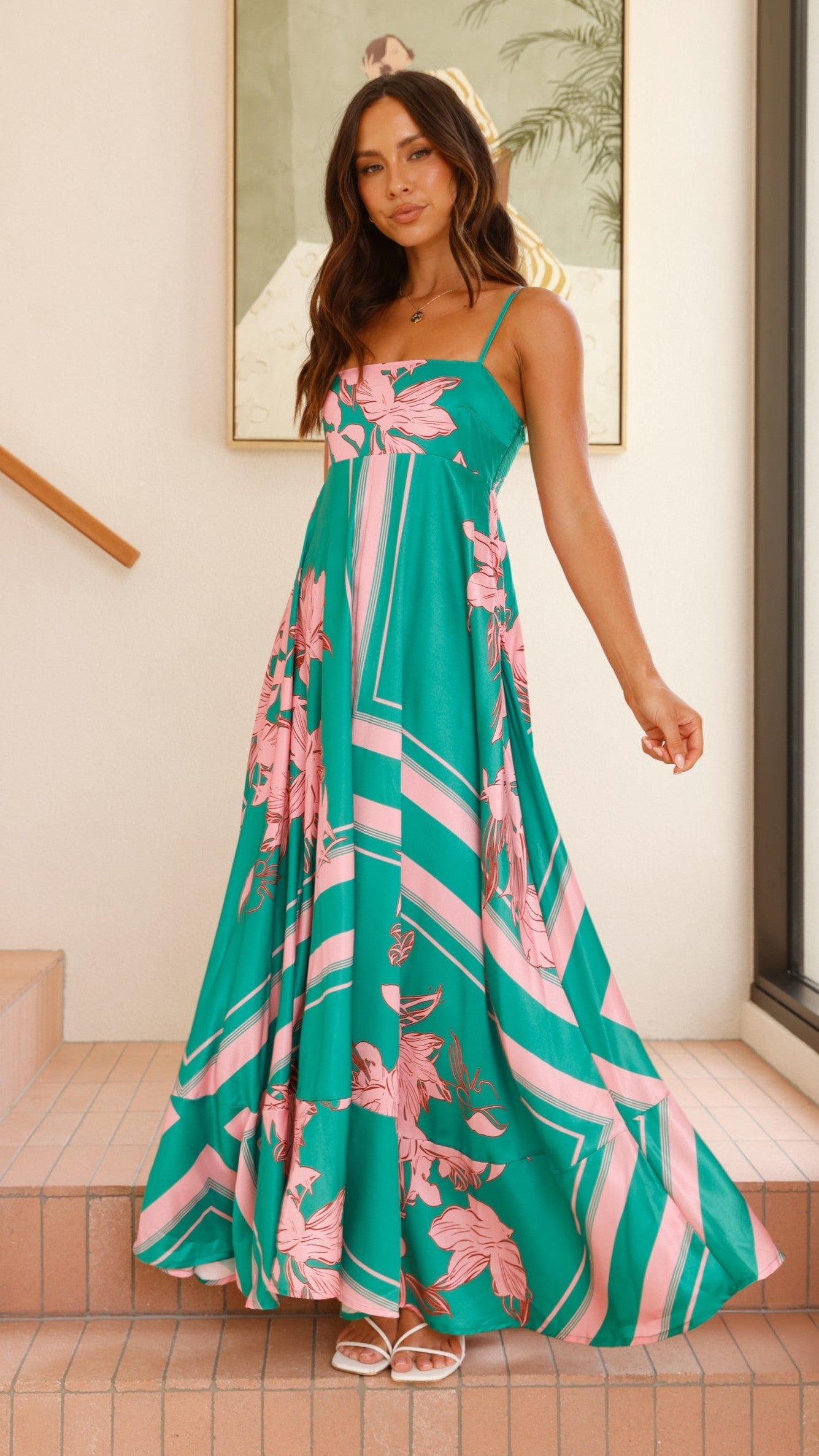 Green/Pink Floral Kaethe Ombré Maxi Dress
