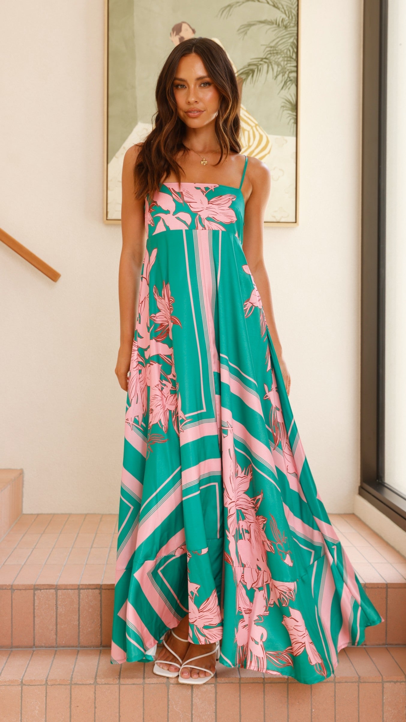 Green/Pink Floral Kaethe Floral Maxi Dress