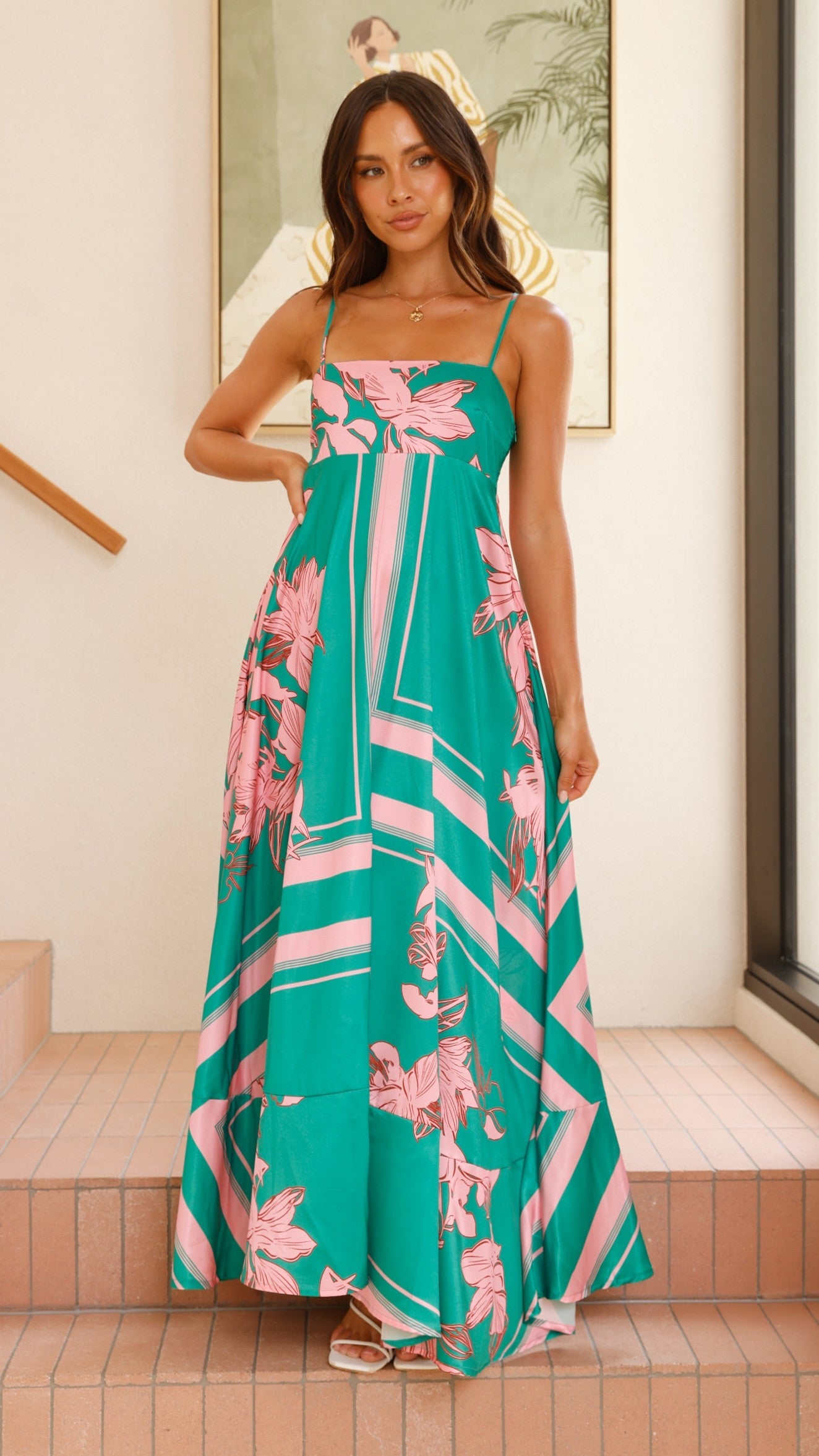 Green/Pink Floral Kaethe Ombré Maxi Dress