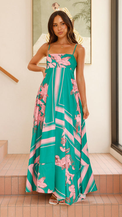 Green/Pink Floral Kaethe Ombré Maxi Dress