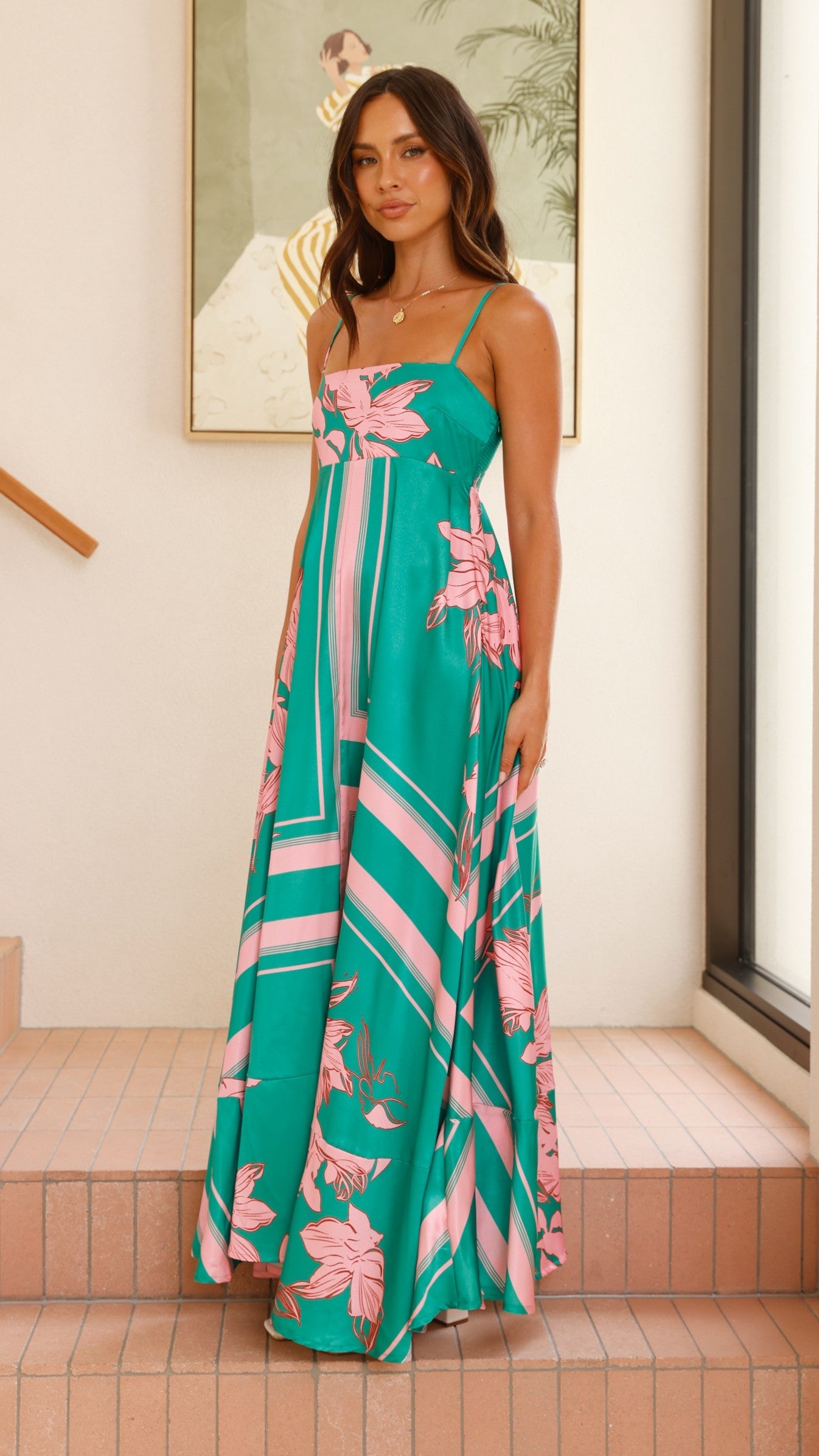 Green/Pink Floral Kaethe Floral Maxi Dress