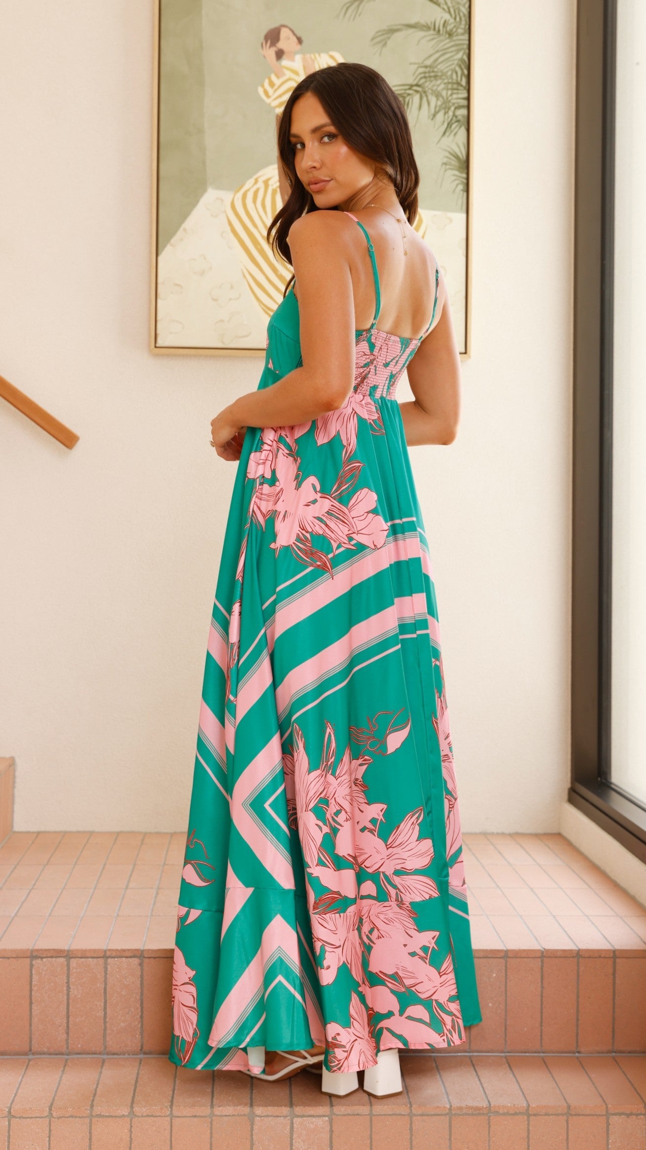 Green/Pink Floral Kaethe Ombré Maxi Dress