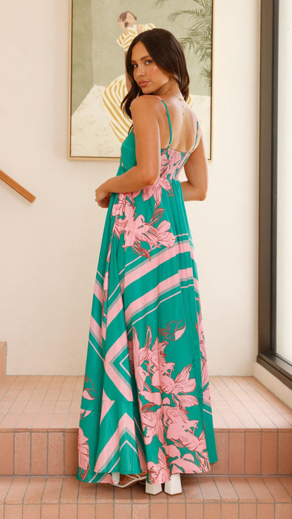 Green/Pink Floral Kaethe Floral Maxi Dress