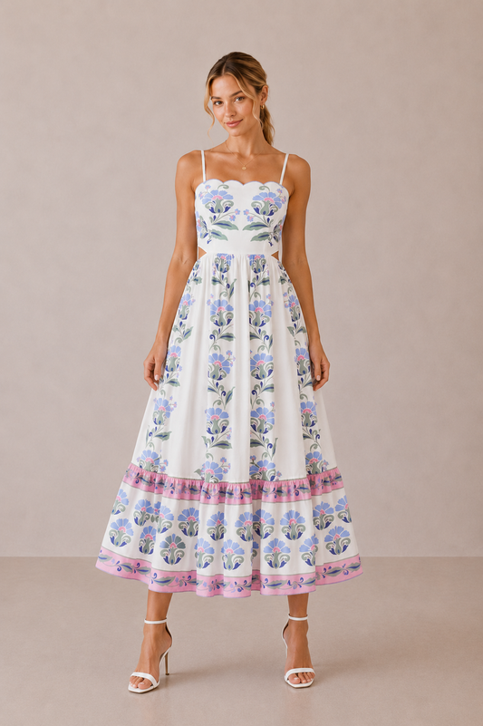 Cream Arabella Floral Border Midi Dress