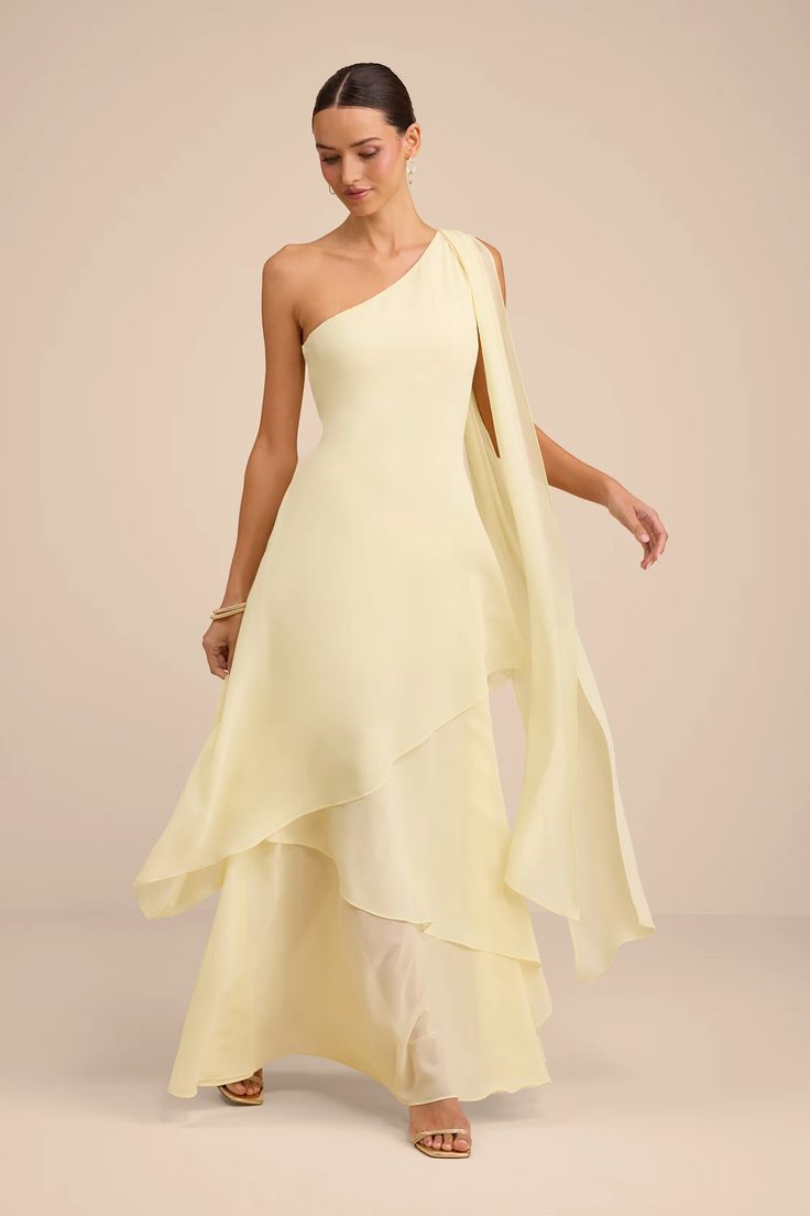 Camilla Light Yellow One-Shoulder Bow Maxi Dress