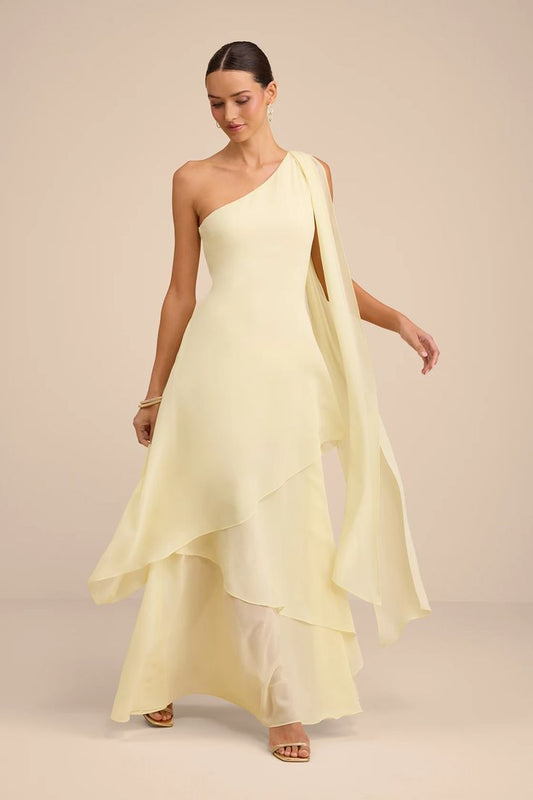 Camilla Light Yellow One-Shoulder Bow Maxi Dress