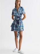 Reiss Dresses | Reiss Blue And White Printed Short Wrap Dress With Tie Waist | Color: Blue/White | Size: 6