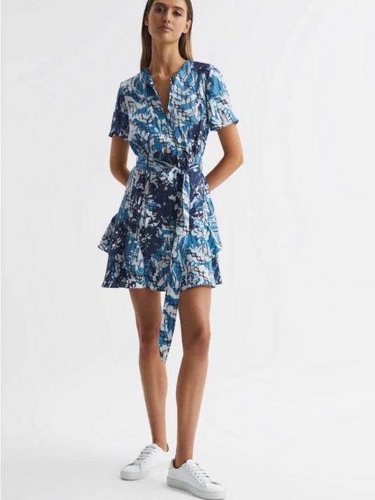 Reiss Dresses | Reiss Blue And White Printed Short Wrap Dress With Tie Waist | Color: Blue/White | Size: 6