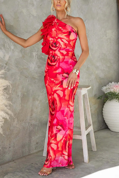 Red Margot Ruffle One-Shoulder Floral Maxi Dress