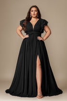 Curveins Plus Size V-Neck Ruffle Sleeve Split A-Line Maxi Dress - 28/5X / Brown