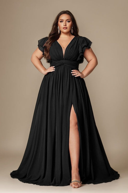 Black Curveins Plus Size V-Neck Ruffle Sleeve Split A-Line Maxi Dress - 28/5X / Brown