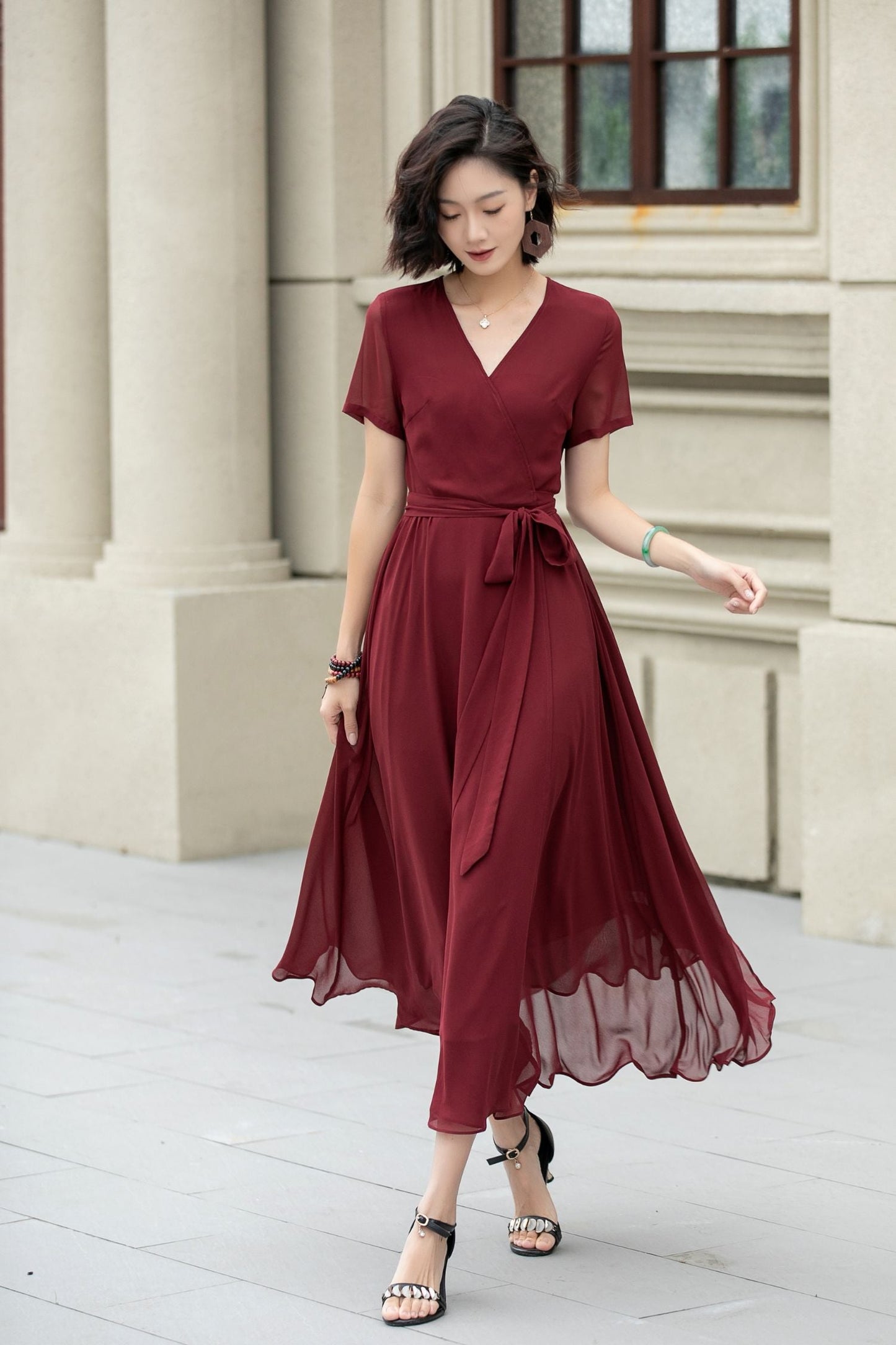 Neck Wrap Style 5222 Burgundy midi fit and flare prom chiffon dress