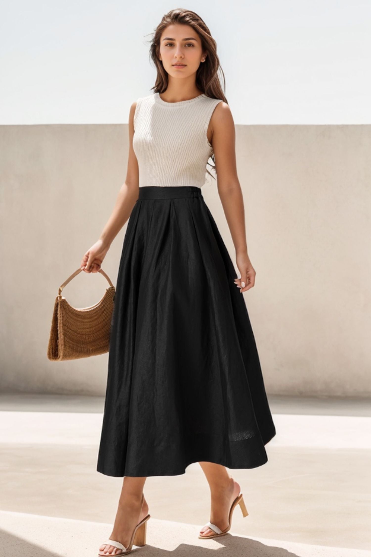 Pleated Waist, Elastic Back 5124 Adelaide Linen Midi Skirt