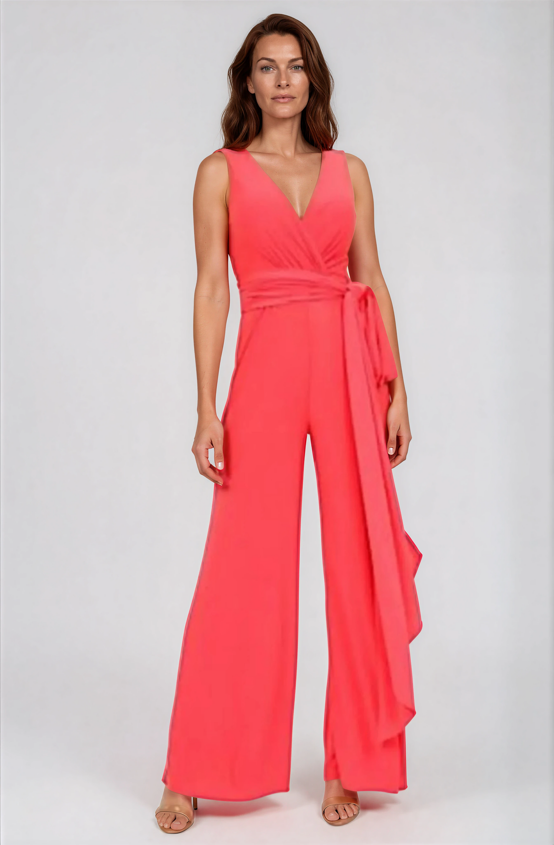 Neck Draped Jersey Knit Jumpsuit with Sash Belt Arabella Organza Gown