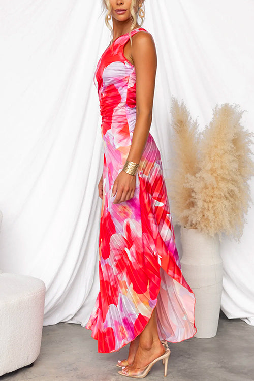 Red Valentina One-Shoulder Pleated Maxi Dress