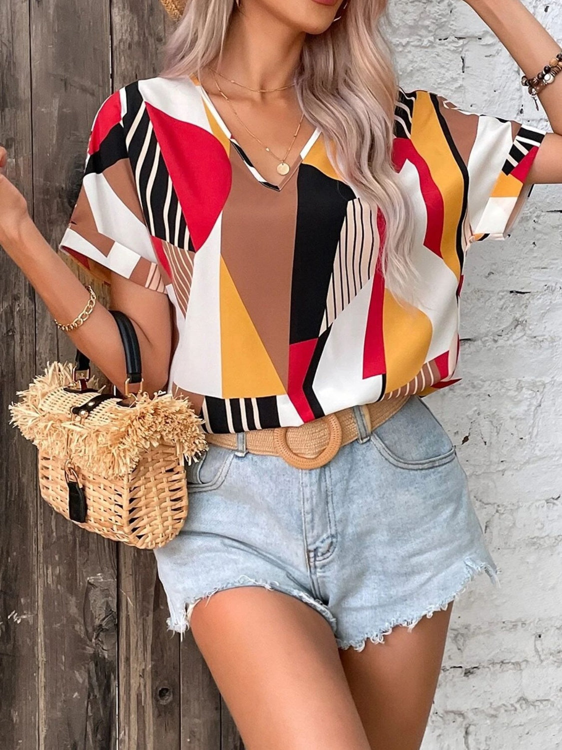 Neck Short Sleeve Blouse Margot Printed V-Neck Tiered Dress
