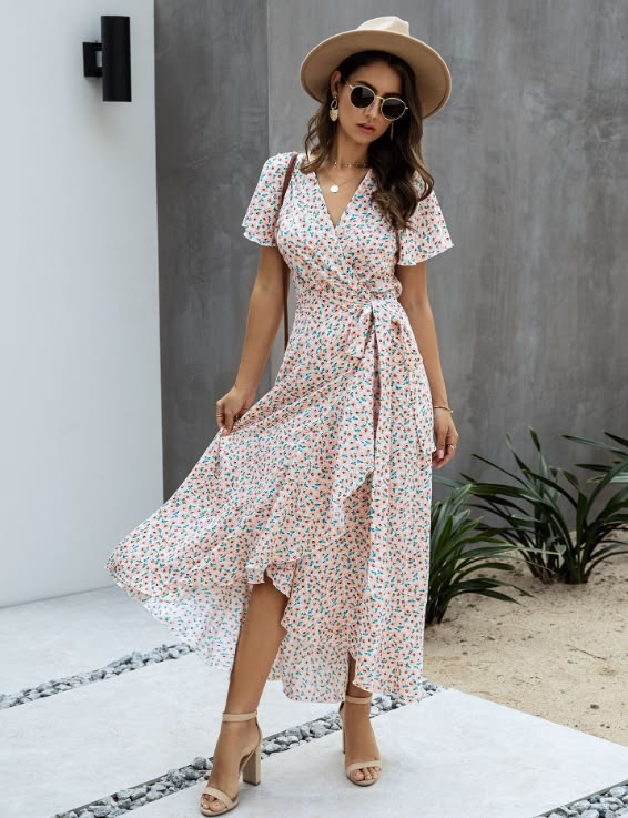 Pink Polka Dot V-Neck Ruffle Short-Sleeved Beach Vacation Summer Dress - L / YELLOW