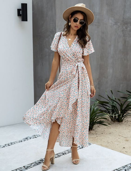 Pink Polka Dot V-Neck Ruffle Short-Sleeved Beach Vacation Summer Dress - L / YELLOW