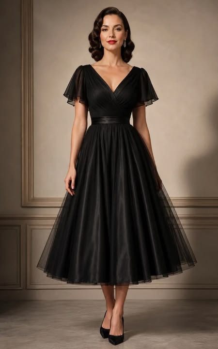 Black V-neck Tulle Flutter Sleeve Tea-Length Wedding Dress