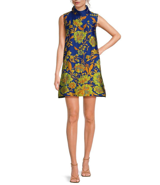 Buru Floral Brocade Mock Neck Dress
