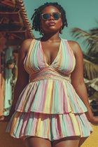 Xpluswear Design Plus Size Beach Multicolor Striped V Neck Ruffle Smocking Swimsuit Fabric Swimwear Dress [Pre-Order] Mu