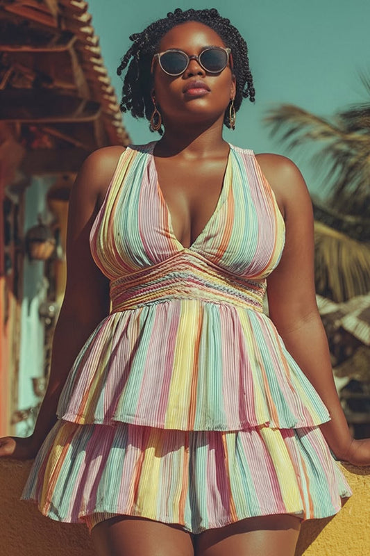 Xpluswear Design Plus Size Beach Multicolor Striped V Neck Ruffle Smocking Swimsuit Fabric Swimwear Dress [Pre-Order] Mu