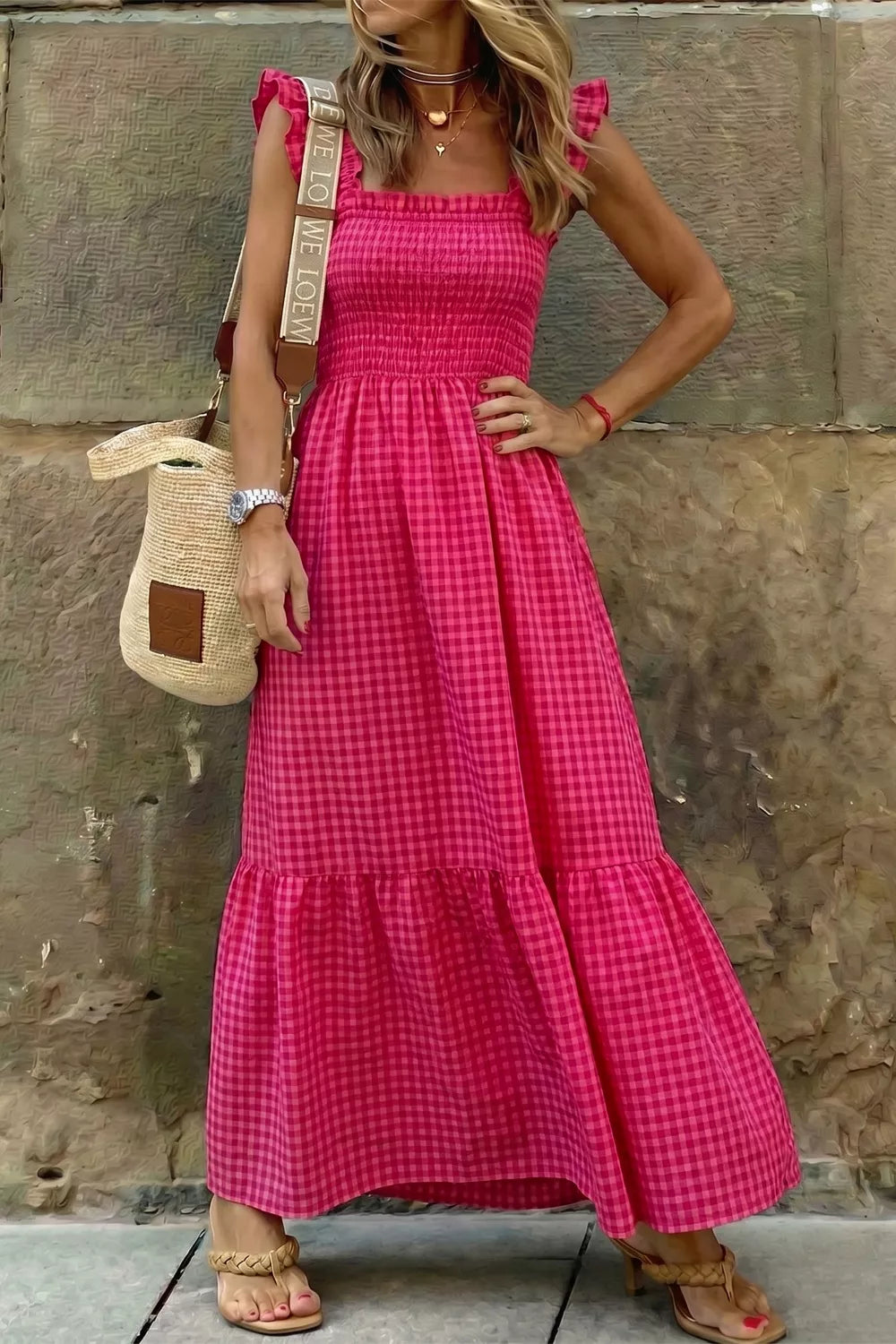 Deep Rose Margot Plaid Midi Dress in Deep Rose