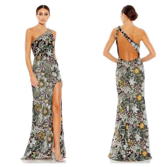 Mac Duggal Dresses | Mac Duggal Women's Embellished Floral One Shoulder Gown Black Multi Size 4 Nwt | Color: Black | Siz