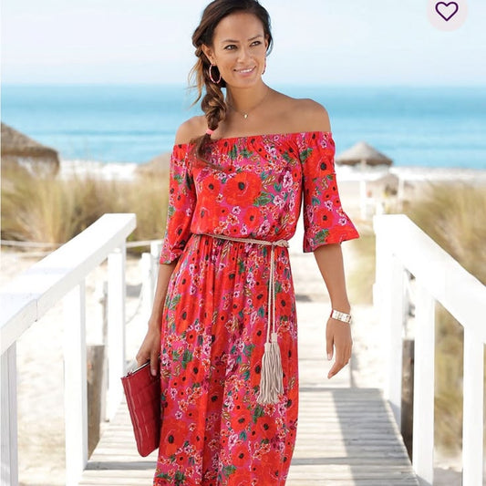 Lascana Dresses | Floral Off-Shoulder Maxi Dress - Red | Color: Pink/Red | Size: 38 (Us 6-8)
