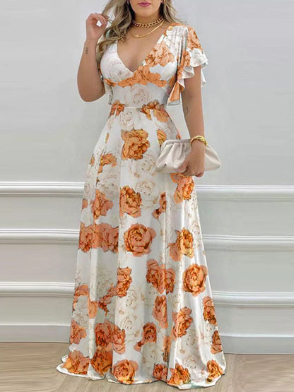 Teal Floral Print V-Neck Ruffle Sleeve Maxi Dress - Fuchsia Pink / M