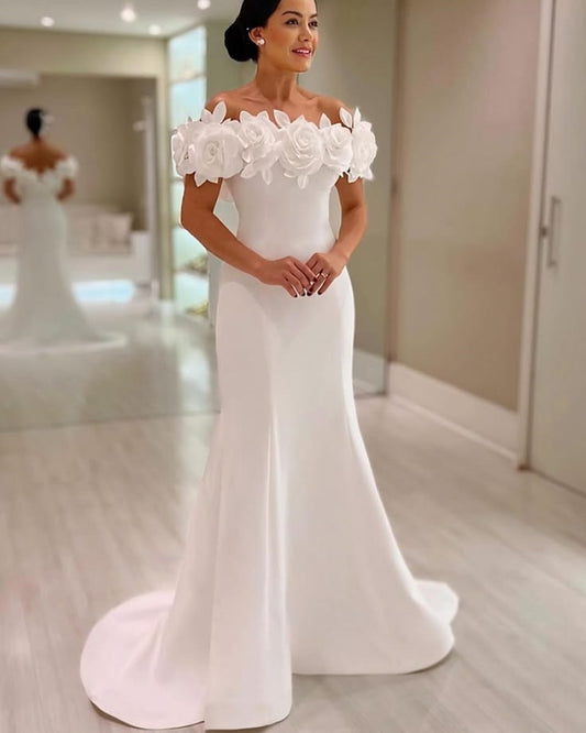 White Off the Shoulder Handmade Flowers Mermaid Bridal Dress WD2643