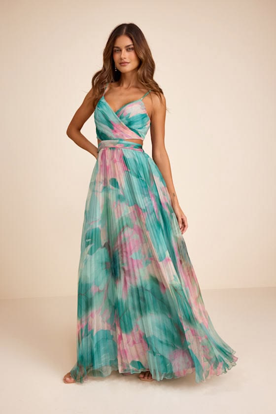 Estelle Teal Floral Pleated Maxi Dress