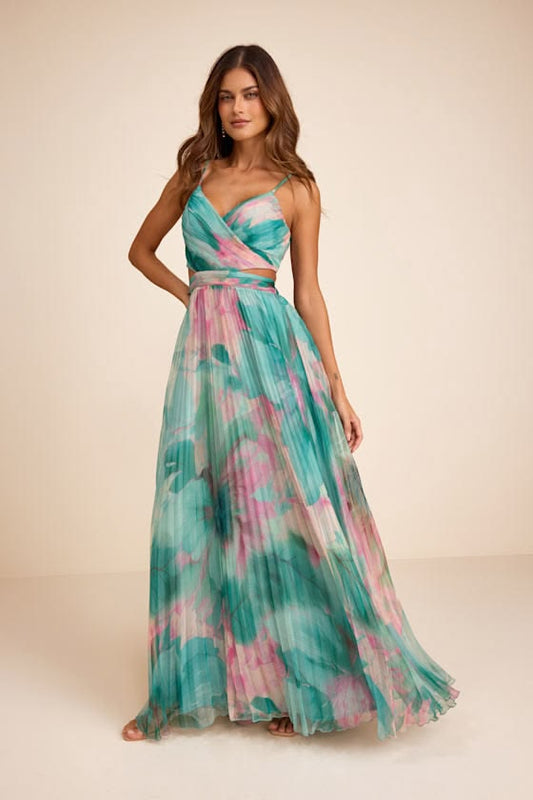 Estelle Teal Floral Pleated Maxi Dress