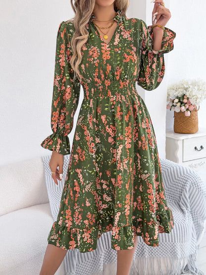 Green Vivienne Floral Ruffle A-Line Dress