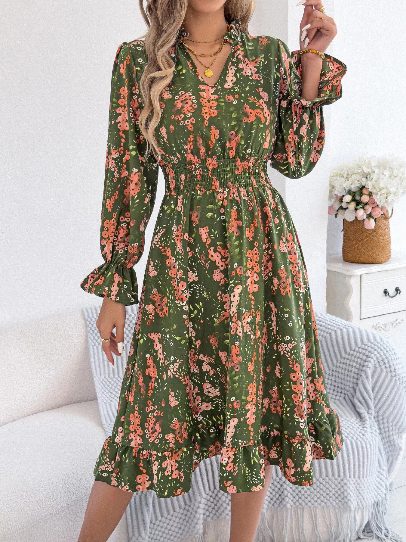 Black Vivienne Floral Ruffle A-Line Dress