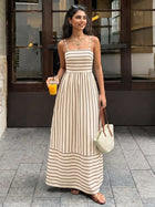 Striped Print Spaghetti Strap Maxi Dress - Apricot / XL