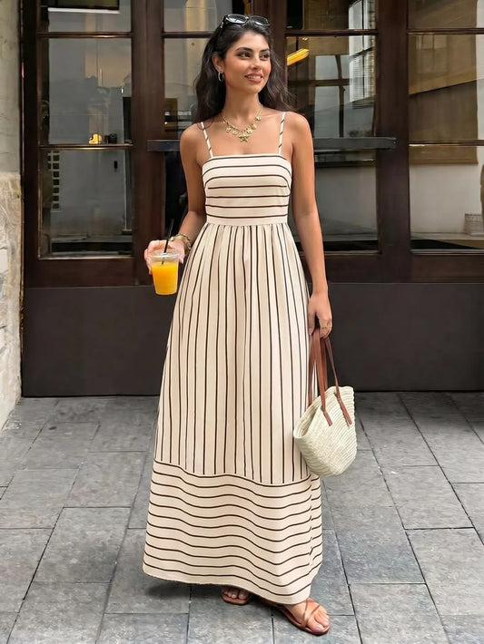 Striped Print Spaghetti Strap Maxi Dress - Apricot / XL