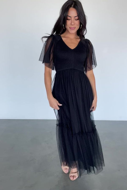 Martha Smocked Tulle Midi Dress — Black | Baltic Born