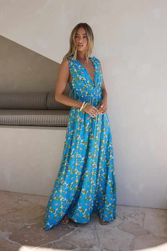 Dahlia Floral Maxi Dress in Cornflower