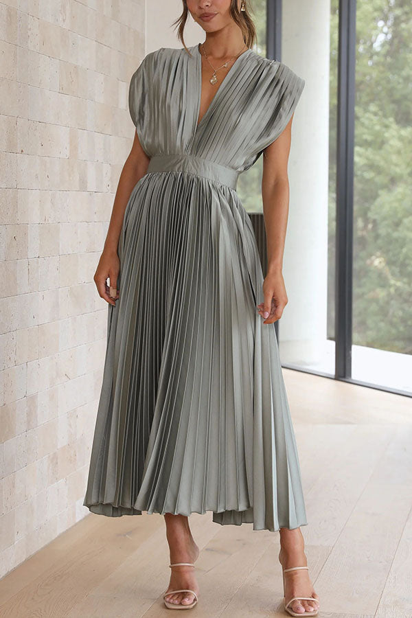 Blue Georgiana Satin Pleated Midi Dress