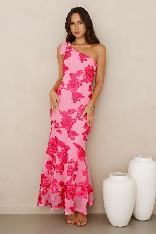 Margot One-Shoulder Mesh Maxi Dress in Pink