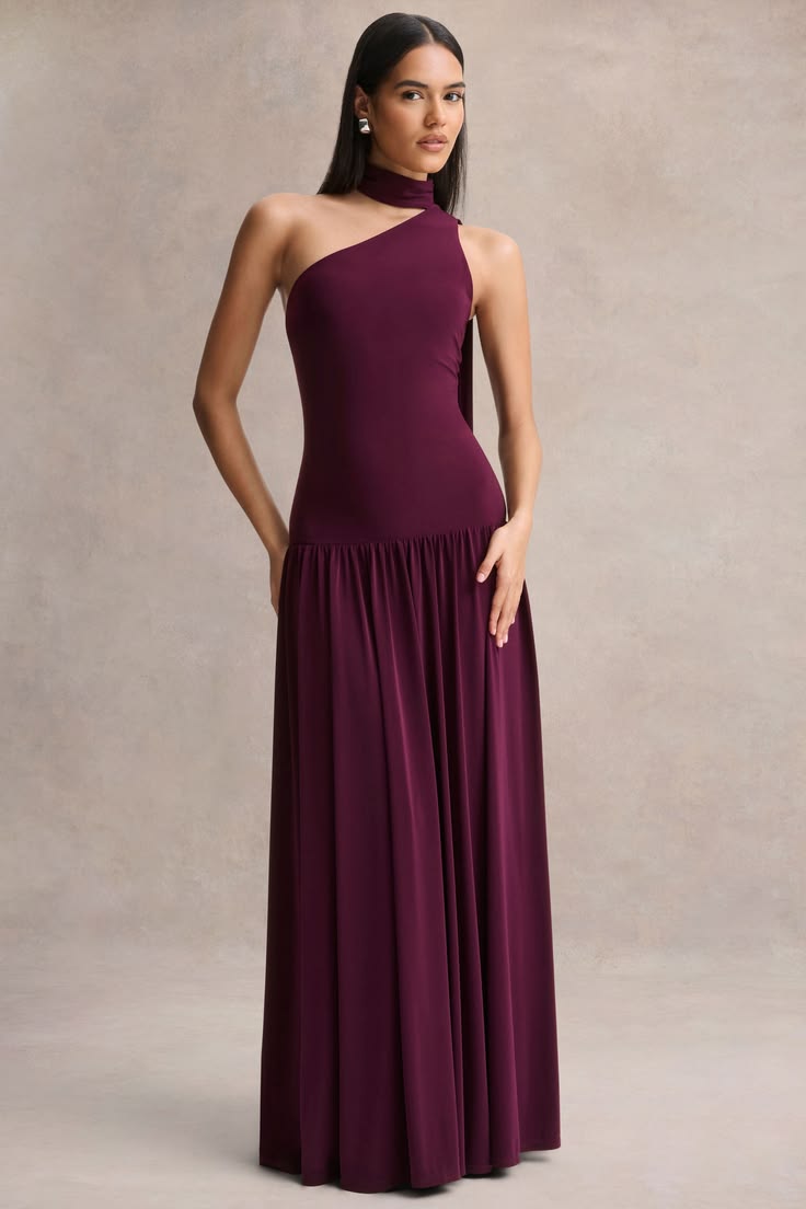 Freesia | Plum Asymmetric-Neck Maxi Dress With Scarf-Detail