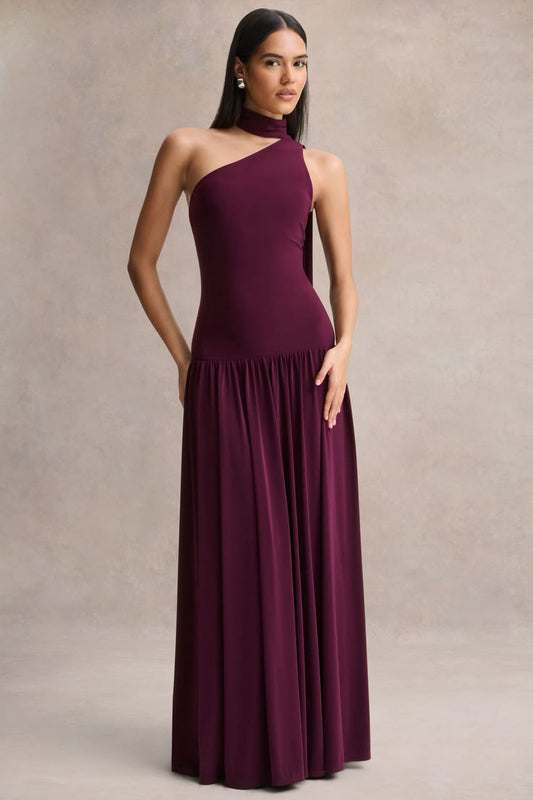 Freesia | Plum Asymmetric-Neck Maxi Dress With Scarf-Detail