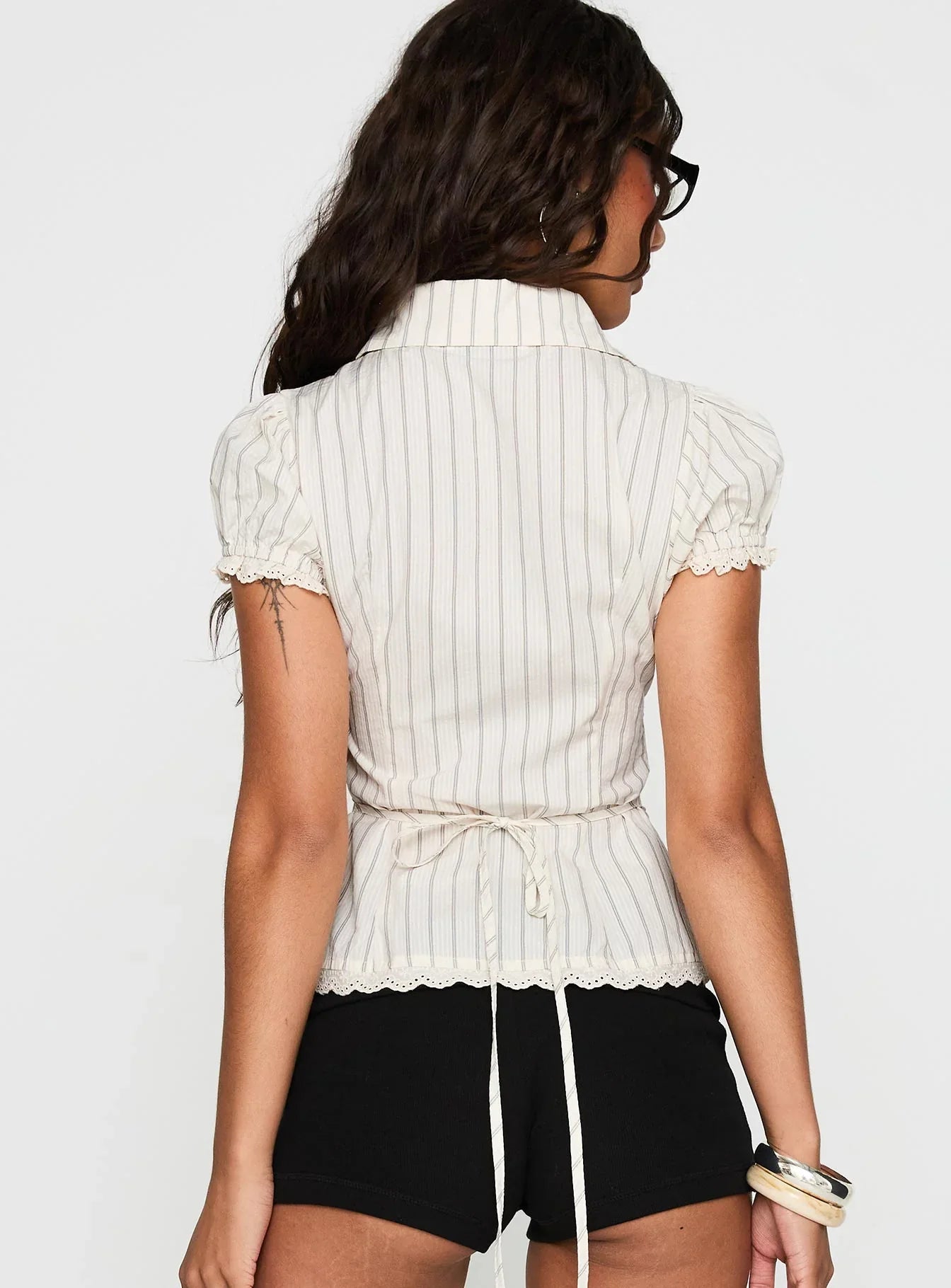 Cream Stripe Puff Sleeve Top
