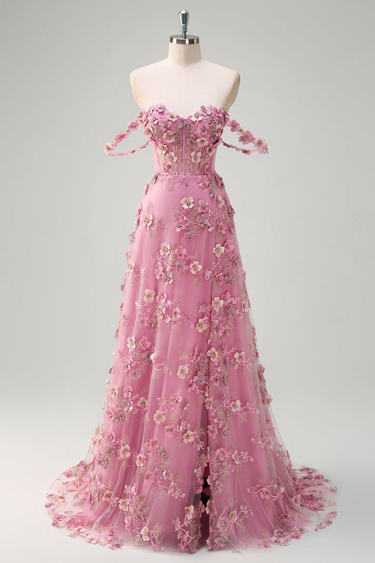 Line Off The Shoulder Corset Slit Long Prom Dress With 3D Flowers Taro Off-Shoulder Corset Gown