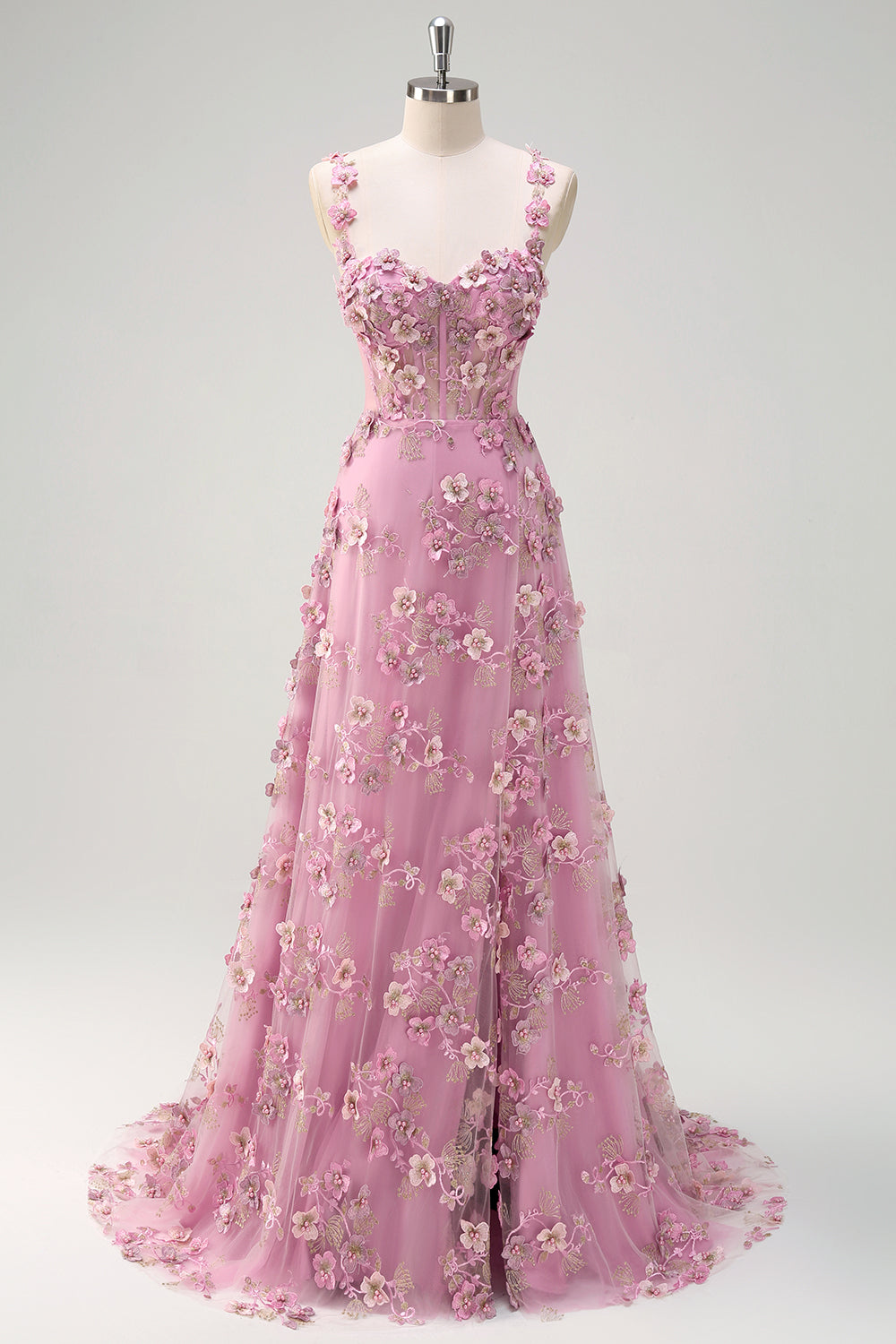 Line Off The Shoulder Corset Slit Long Prom Dress With 3D Flowers Taro Off-Shoulder Corset Gown
