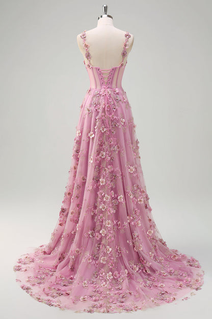 Line Off The Shoulder Corset Slit Long Prom Dress With 3D Flowers Taro Off-Shoulder Corset Gown