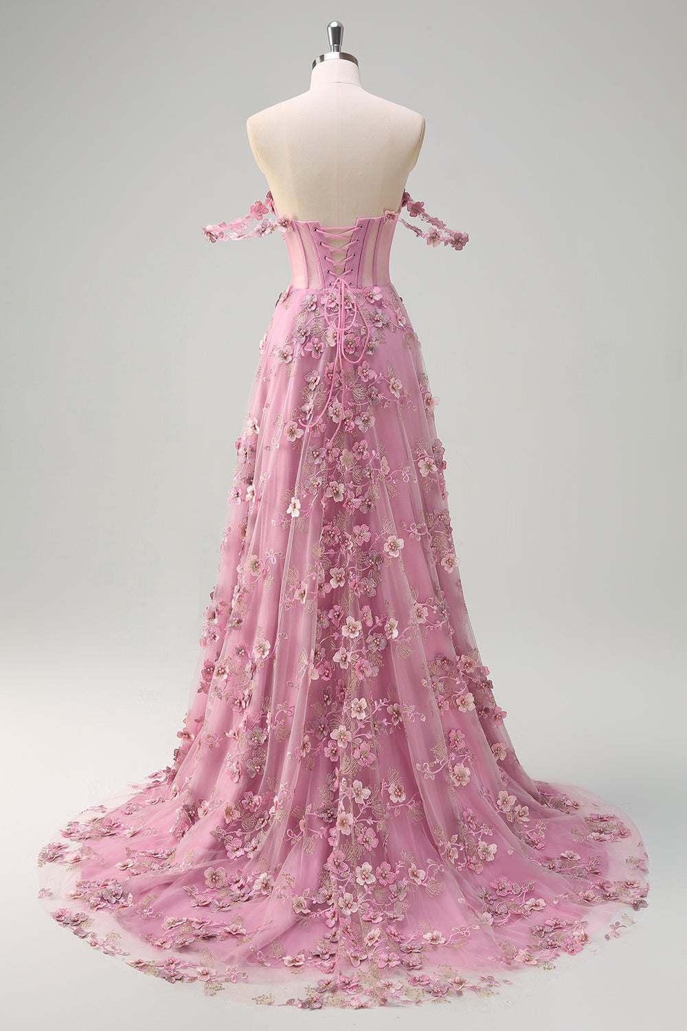 Line Off The Shoulder Corset Slit Long Prom Dress With 3D Flowers Taro Off-Shoulder Corset Gown