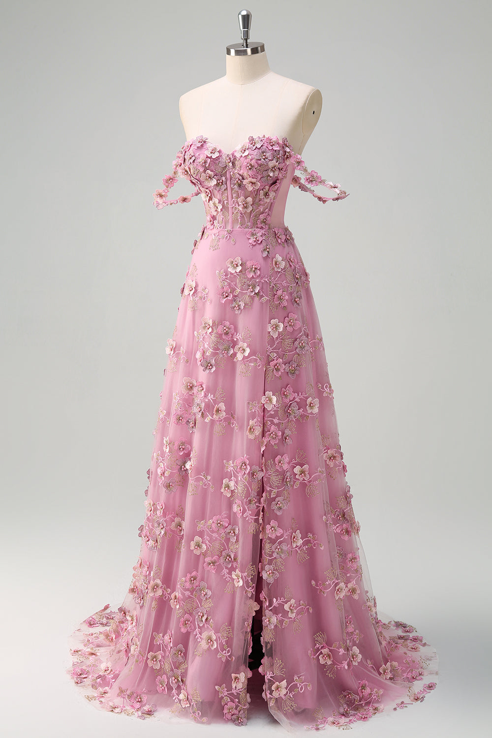 Line Off The Shoulder Corset Slit Long Prom Dress With 3D Flowers Taro Off-Shoulder Corset Gown