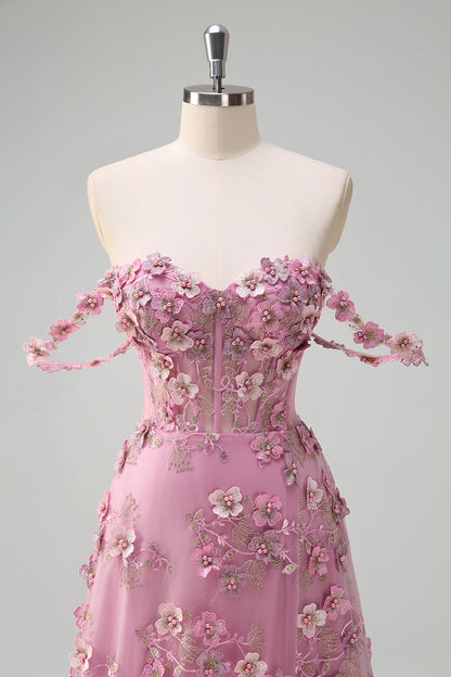 Line Off The Shoulder Corset Slit Long Prom Dress With 3D Flowers Taro Off-Shoulder Corset Gown